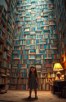 A towering, infinitely tall bookshelf filled with an endless array of colorful books, vividly illuminated in a warmly lit room