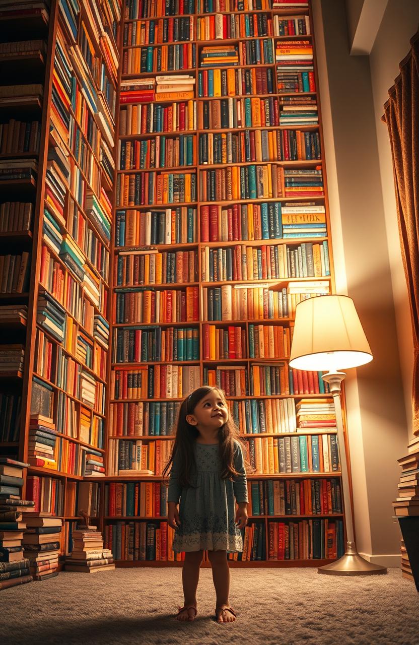 A towering, infinitely tall bookshelf filled with an endless array of colorful books, vividly illuminated in a warmly lit room