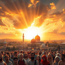 A stunning artistic representation of Al Quds (Jerusalem) under a glowing sunset, symbolizing hope and struggle