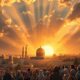 A stunning artistic representation of Al Quds (Jerusalem) under a glowing sunset, symbolizing hope and struggle