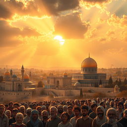 A stunning artistic representation of Al Quds (Jerusalem) under a glowing sunset, symbolizing hope and struggle