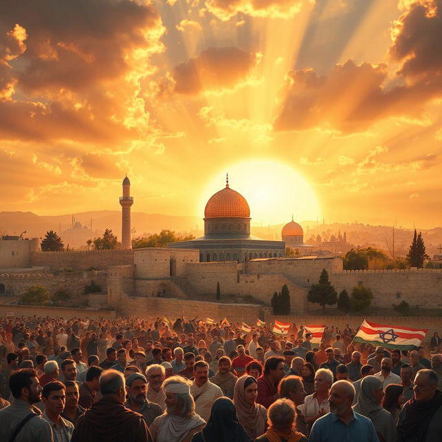 A stunning artistic representation of Al Quds (Jerusalem) under a glowing sunset, symbolizing hope and struggle