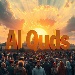 An artistic representation featuring the words "Al Quds" beautifully stylized and integrated into the scene, surrounded by a radiant sunset that symbolizes hope