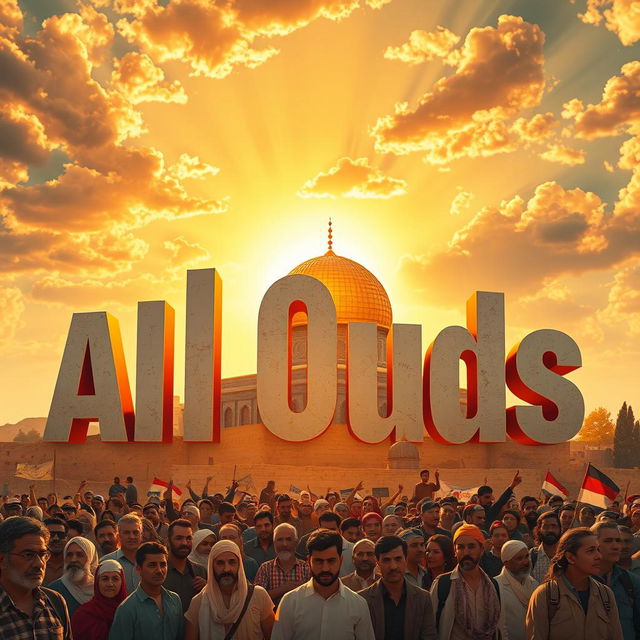 An artistic representation featuring the words "Al Quds" beautifully stylized and integrated into the scene, surrounded by a radiant sunset that symbolizes hope