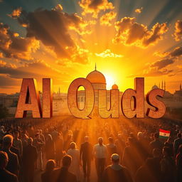 An artistic representation featuring the words "Al Quds" beautifully stylized and integrated into the scene, surrounded by a radiant sunset that symbolizes hope