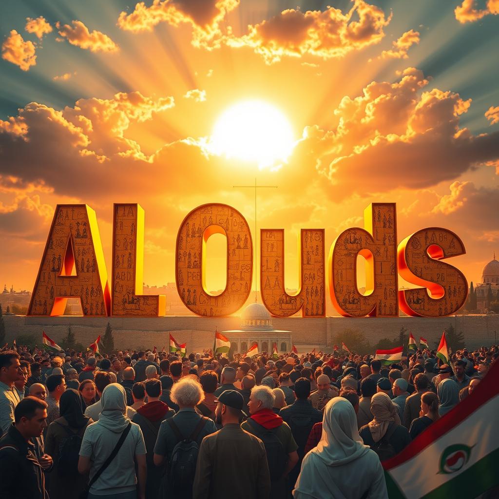 An artistic representation featuring the words "Al Quds" beautifully stylized and integrated into the scene, surrounded by a radiant sunset that symbolizes hope