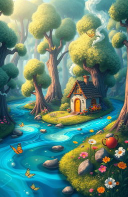 A whimsical and colorful animated artwork featuring a mysterious river that winds through a lush forest