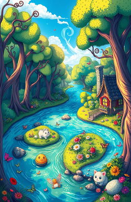 A whimsical and colorful animated artwork featuring a mysterious river that winds through a lush forest