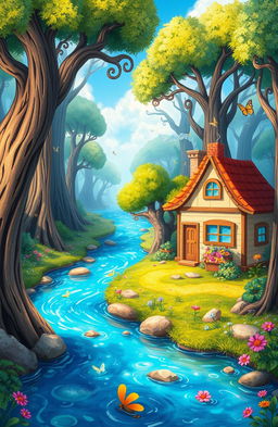 A whimsical and colorful animated artwork featuring a mysterious river that winds through a lush forest
