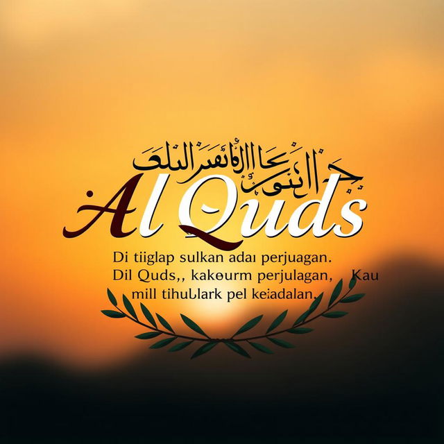 A beautifully designed typography artwork featuring the words "Al Quds" in elegant Arabic calligraphy, with the phrase "cahaya di ujung harapan, Di tiap sudutmu ada perjuangan