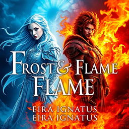 A captivating book cover design for 'Frost & Flame' by Eira Ignatius, featuring an ice queen and a fiery king