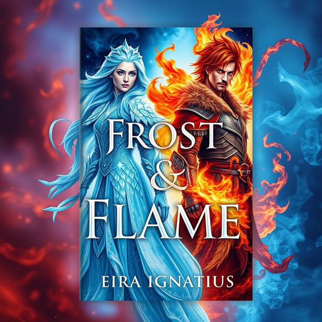 A captivating book cover design for 'Frost & Flame' by Eira Ignatius, featuring an ice queen and a fiery king