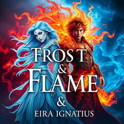 A captivating book cover design for 'Frost & Flame' by Eira Ignatius, featuring an ice queen and a fiery king