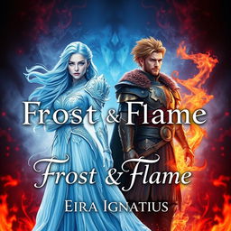 A captivating book cover design for 'Frost & Flame' by Eira Ignatius, featuring an ice queen and a fiery king