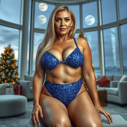 A full-body image of a beautiful 50-year-old mature woman with Venezuelan features, wearing a blue glittery thong bikini