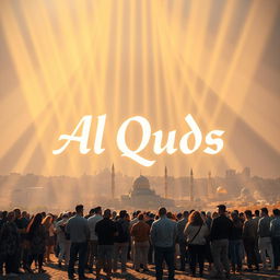 A stunning visual representation featuring the words "Al Quds" in bold, graceful Arabic calligraphy, illuminated by beams of light coming from the sky