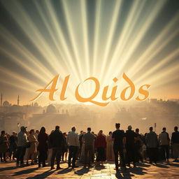A stunning visual representation featuring the words "Al Quds" in bold, graceful Arabic calligraphy, illuminated by beams of light coming from the sky
