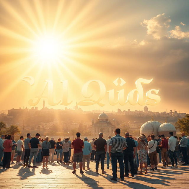 A stunning visual representation featuring the words "Al Quds" in bold, graceful Arabic calligraphy, illuminated by beams of light coming from the sky