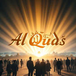 A stunning visual representation featuring the words "Al Quds" in bold, graceful Arabic calligraphy, illuminated by beams of light coming from the sky