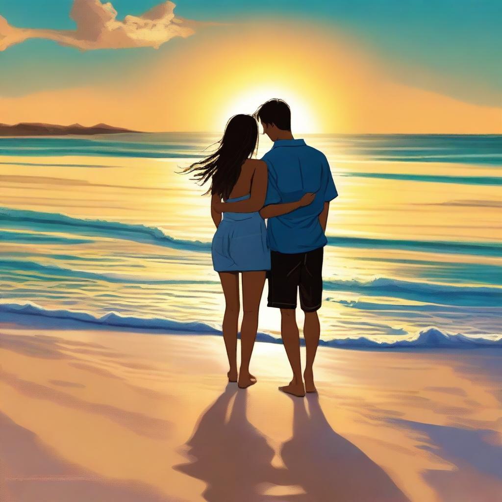 A high-quality digital art image depicting a teen couple at the beach