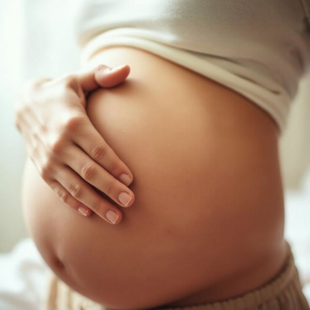 A close-up of a hand gently holding a pregnant belly, symbolizing care and connection to the life within