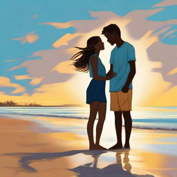 A high-quality digital art image depicting a teen couple at the beach