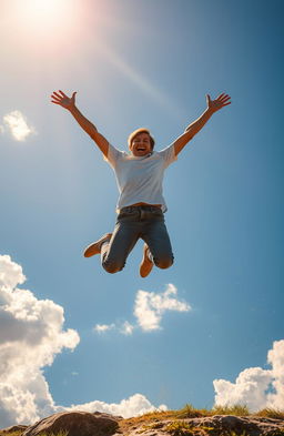 A magnificent figure leaps joyfully into the air, arms outstretched and a radiant smile on their face, surrounded by a burst of golden sunlight