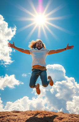 A magnificent figure leaps joyfully into the air, arms outstretched and a radiant smile on their face, surrounded by a burst of golden sunlight