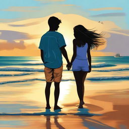 A high-quality digital art image depicting a teen couple at the beach