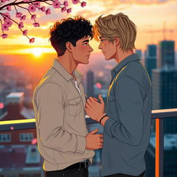 A romantic scene between two handsome young men in a modern city setting
