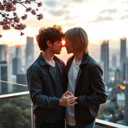 A romantic scene between two handsome young men in a modern city setting