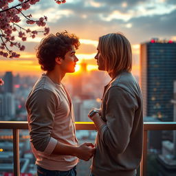 A romantic scene between two handsome young men in a modern city setting