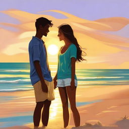 A high-quality digital art image depicting a teen couple at the beach