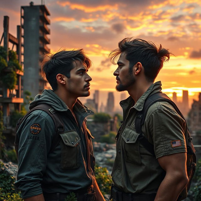 In a post-apocalyptic world, two handsome young men, clad in rugged survival attire, gaze intensely into each other's eyes while standing amidst a desolate urban landscape