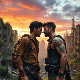 In a post-apocalyptic world, two handsome young men, clad in rugged survival attire, gaze intensely into each other's eyes while standing amidst a desolate urban landscape