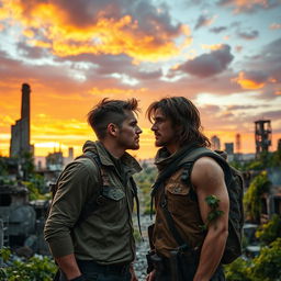 In a post-apocalyptic world, two handsome young men, clad in rugged survival attire, gaze intensely into each other's eyes while standing amidst a desolate urban landscape