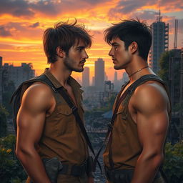 In a post-apocalyptic world, two handsome young men, clad in rugged survival attire, gaze intensely into each other's eyes while standing amidst a desolate urban landscape