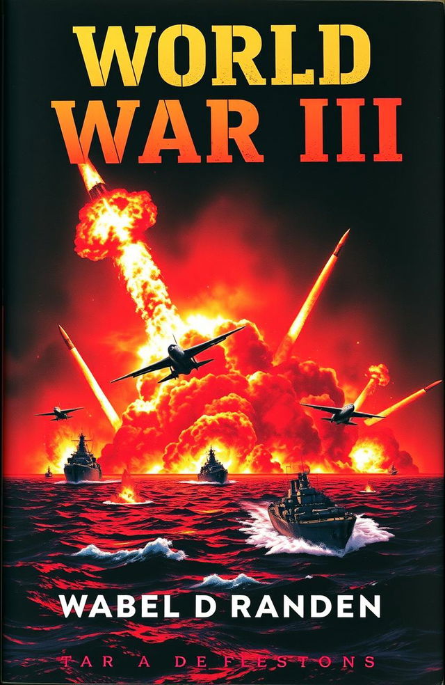 A dramatic book cover for *World War III*, depicting the Bab al-Mandeb Strait with a fiery background representating Palestine, showcasing missile launches between major powers