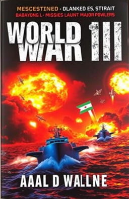 A dramatic book cover for *World War III*, depicting the Bab al-Mandeb Strait with a fiery background representating Palestine, showcasing missile launches between major powers