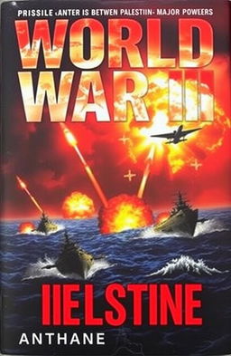 A dramatic book cover for *World War III*, depicting the Bab al-Mandeb Strait with a fiery background representating Palestine, showcasing missile launches between major powers