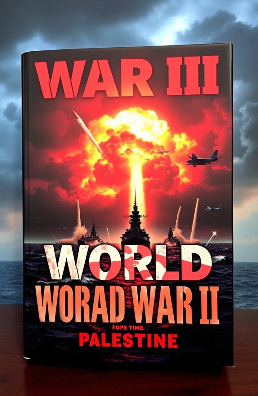 A dramatic book cover for *World War III*, depicting the Bab al-Mandeb Strait with a fiery background representating Palestine, showcasing missile launches between major powers