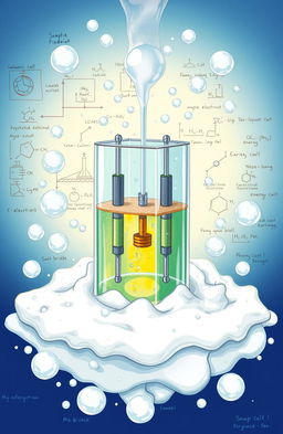 A detailed illustration of a Galvani cell, showcasing its components such as electrodes, electrolyte, and salt bridge, integrated with elements of electronic chemistry like circuits and energy flow