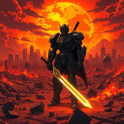An epic anime scene depicting a post-apocalyptic landscape devastated by nuclear war