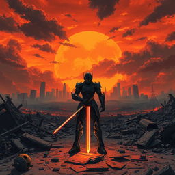An epic anime scene depicting a post-apocalyptic landscape devastated by nuclear war