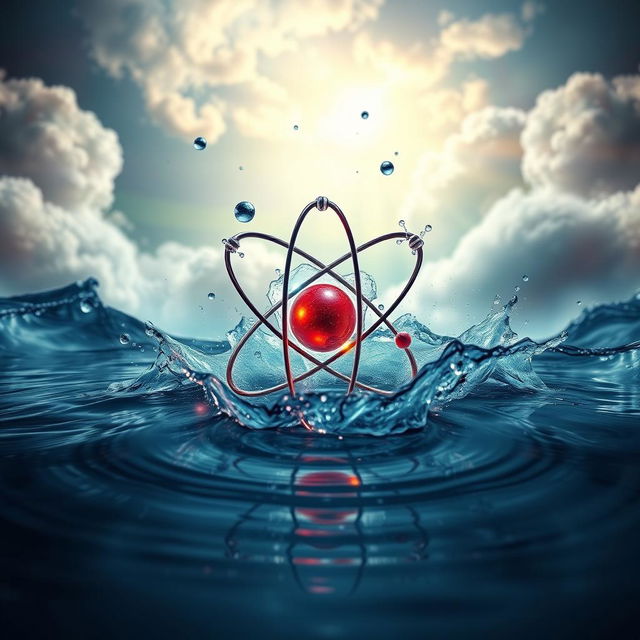 A visually striking representation of an atom surrounded by a dynamic atmosphere filled with swirling clouds and water droplets