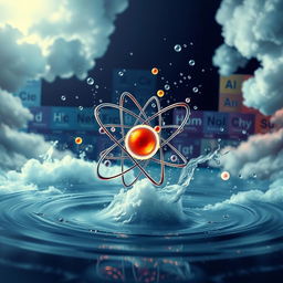 A visually striking representation of an atom surrounded by a dynamic atmosphere filled with swirling clouds and water droplets