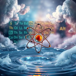 A visually striking representation of an atom surrounded by a dynamic atmosphere filled with swirling clouds and water droplets