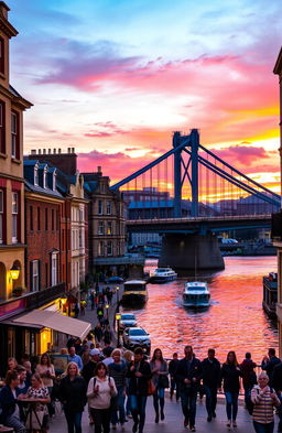 A vibrant street scene in Newcastle upon Tyne, showcasing the iconic Tyne Bridge against a backdrop of colorful sunset skies