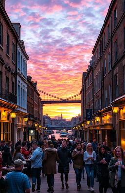A vibrant street scene in Newcastle upon Tyne, showcasing the iconic Tyne Bridge against a backdrop of colorful sunset skies