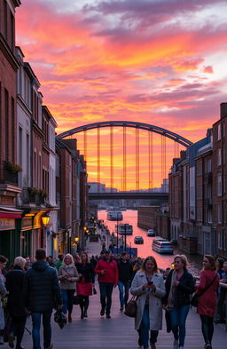 A vibrant street scene in Newcastle upon Tyne, showcasing the iconic Tyne Bridge against a backdrop of colorful sunset skies